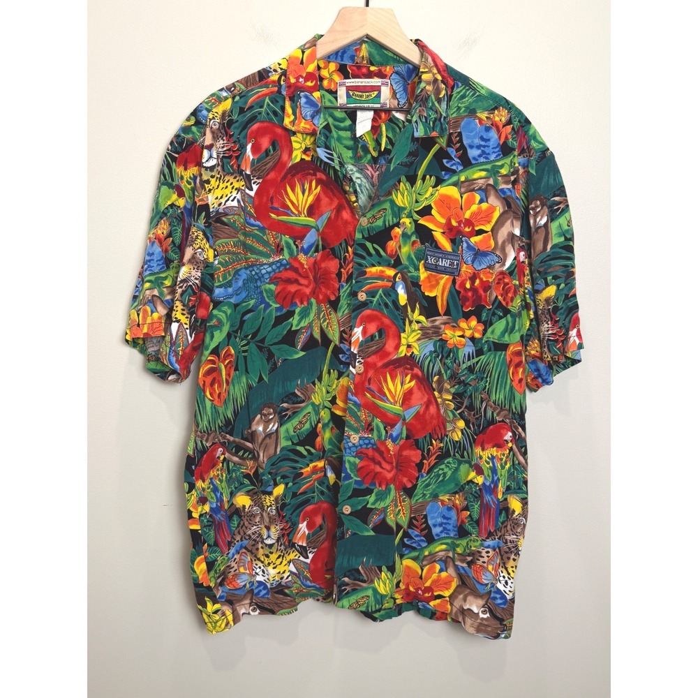 VTG Banana Jack Made in Hawaii Tropical Jungle Wood Button Up Shirt Xcaret 2X